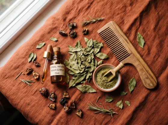 Home 16 Herbal beauty ingredients flat lay at Ghosoun